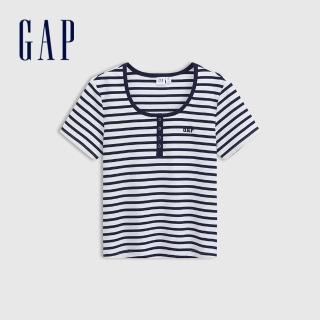 【GAP】女裝 Logo刺繡圓領短袖針織衫 女友T系列-海軍藍條紋(766151)