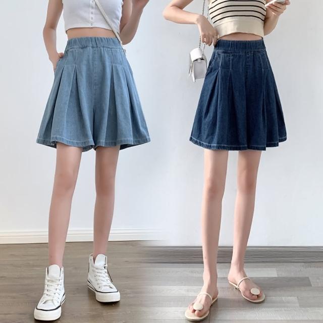 【紐約精品】現貨+預購 牛仔褲休閒短褲(壓褶寬管高腰裙褲女褲子2色a1jc38)