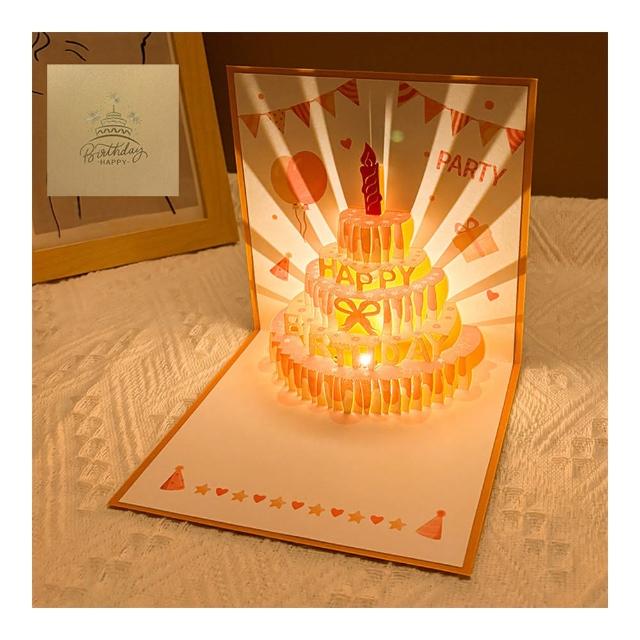 【Paper Play】生日卡片 立體賀卡/生日卡片-3D音樂彩色燈光粉嫩色系立體蛋糕造型卡片(5色任選)