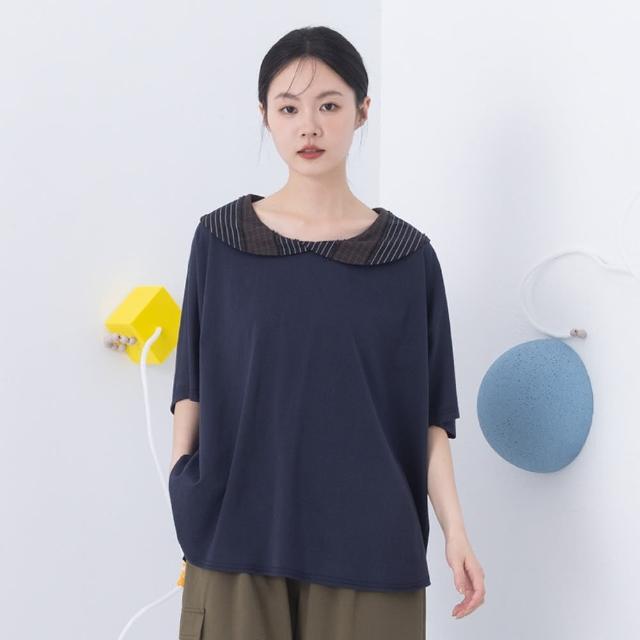 【MOSS CLUB】水手領前短後長寬鬆連袖上衣(藍 咖)