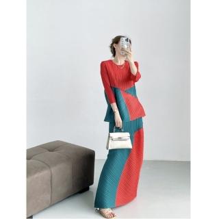 【紐約精品】現貨+預購 三宅風皺褶衣服套裝女上衣長裙高階摺衣彈力女裝顯瘦折衣大碼(七分袖T恤3色a1jb28)