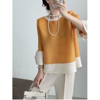 【紐約精品】現貨+預購 三宅風皺褶衣服褶皺上衣高階摺衣彈力女裝顯瘦折衣大碼(七分袖拼色寬鬆T恤a1jb7)