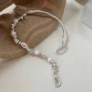【MoonDy】珍珠手鍊 珍珠搭彎管 半鐲珍珠手鍊 碎銀手鍊 飾品 s925純銀 手鍊 銀飾 女生手鍊 韓版