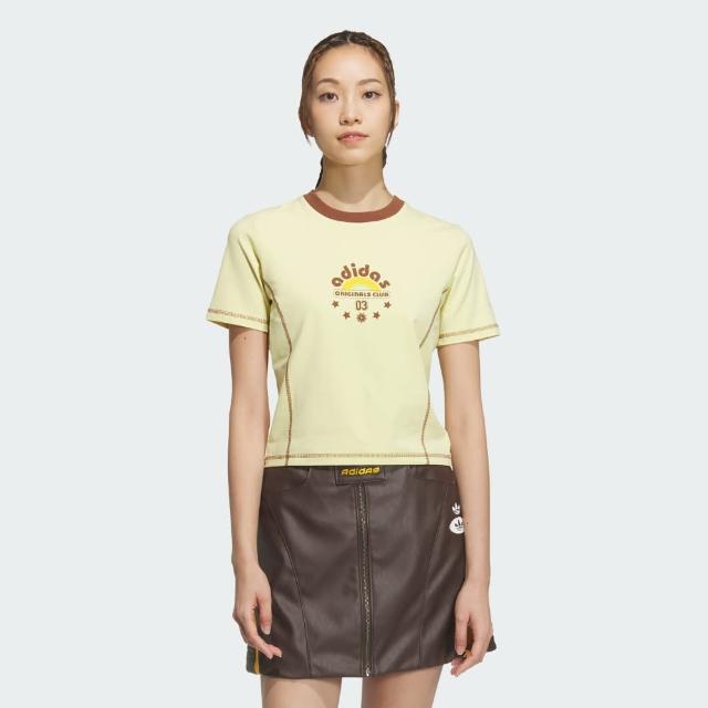 【adidas 愛迪達】短袖上衣 女 三葉草 亞規 SC BABY GFX TEE 黃咖 JX6571(S3001)