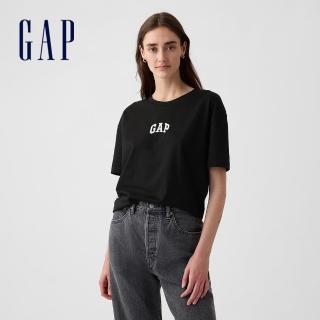 【GAP】女裝 Logo刺繡/印花圓領短袖T恤-黑色(407990)
