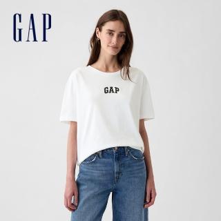 【GAP】女裝 Logo刺繡/印花圓領短袖T恤-白色(407990)