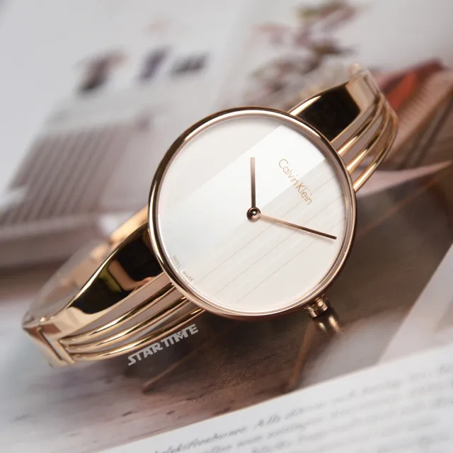 【Calvin Klein】Drift系列 立體條紋白色面 玫瑰金色不鏽鋼手環式錶帶 34mm 手錶 CK錶(K6S2N616)