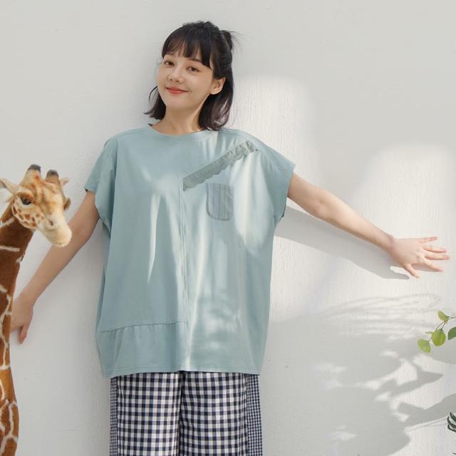 【MOSS CLUB】蕾絲拼接後開衩連袖上衣(黑 綠)