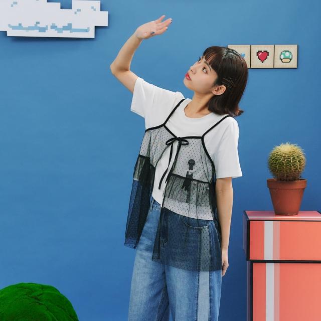 【Dailo】小圓點網紗綁帶外罩無袖背心(黑 白)