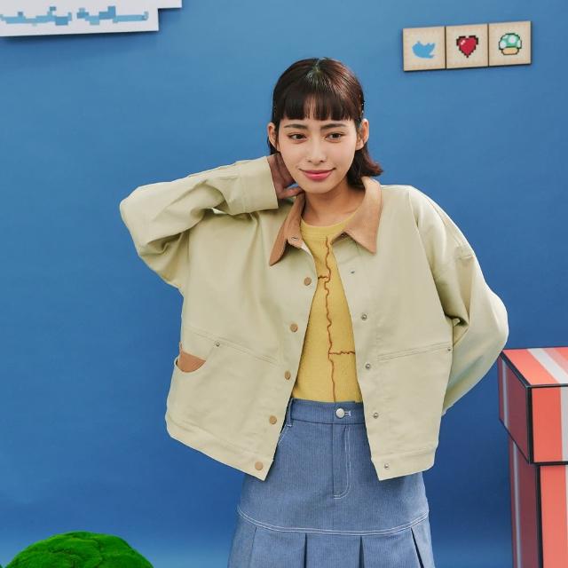 【Dailo】異材質配色領斜紋長袖外套(藍 綠 米/魅力商品)