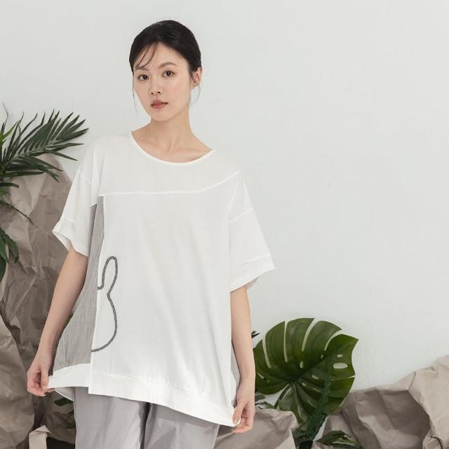 【MOSS CLUB】簡約線條moss兔異材質拼接寬鬆T恤(藍 黑 白 紫)
