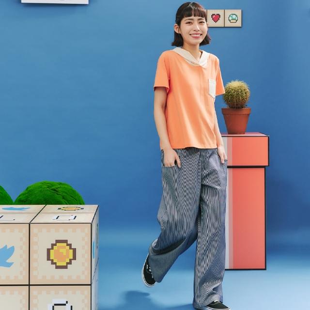 【Dailo】大口袋條紋仿牛仔直筒反摺長褲(藍 綠)