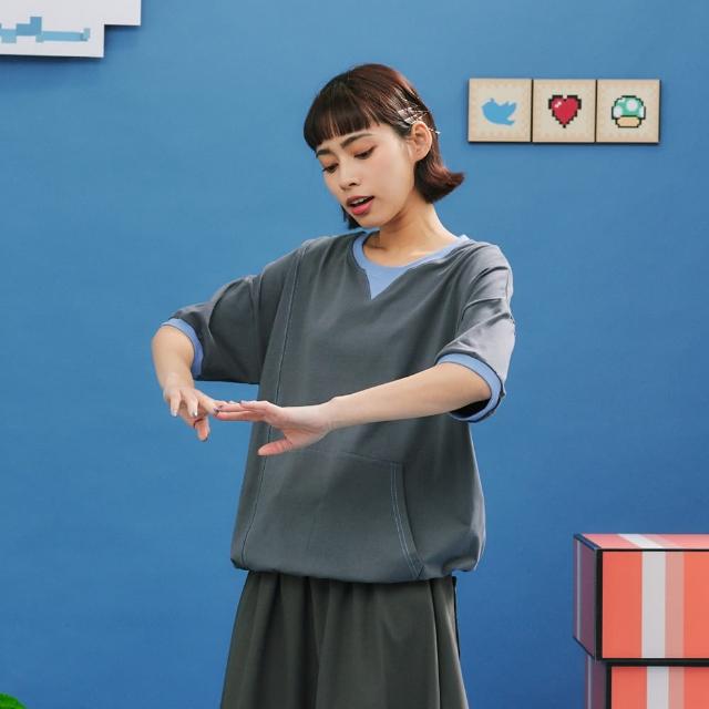 【Dailo】童趣撞色拼接壓線短袖上衣(米 灰 黃/魅力商品)