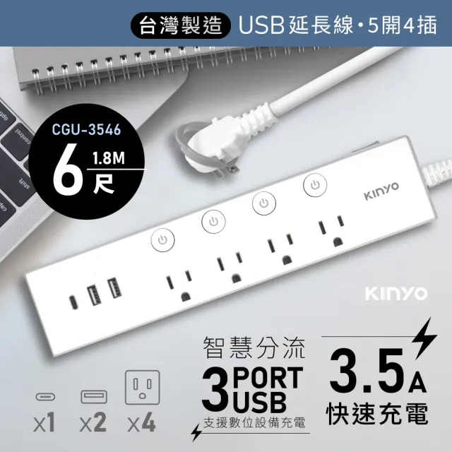 【KINYO】五開四插雙USB延長線 1.8M(CGU-3546)