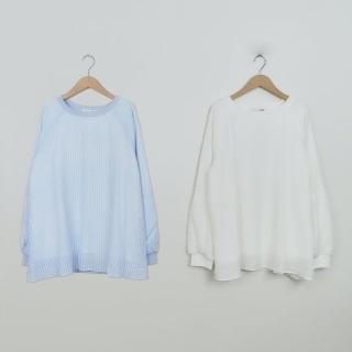 【Dailo】透膚格紋紗假兩件式長袖上衣(藍 白)
