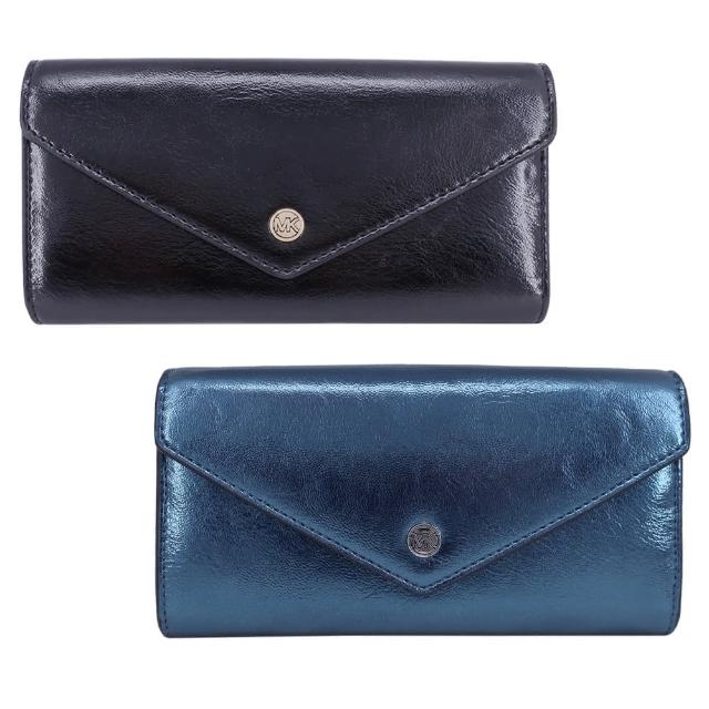 【Michael Kors】JET SET TRAVEL系列 MK LOGO 油蠟亮皮12卡扣式翻蓋長夾(兩色)