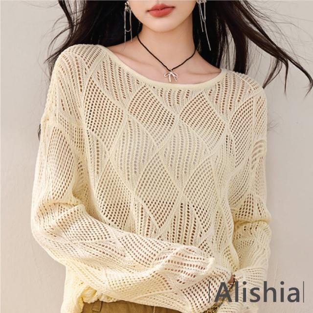 【Alishia】春夏氣質圓領鏤空針織罩衫上衣 S-XL(米色)