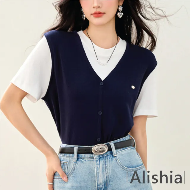 【Alishia】韓版假兩件式顯瘦針織衫 短袖上衣 S-XL(深藍色)
