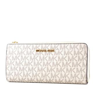 【Michael Kors】專櫃款 緹花LOGO防刮皮革L型拉鍊長夾-香草白