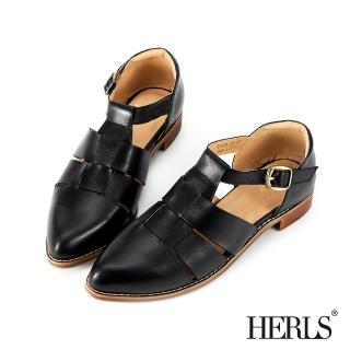 【HERLS】低跟鞋-蠟感擦色全真皮羅馬T字編織尖頭低跟鞋(黑色)