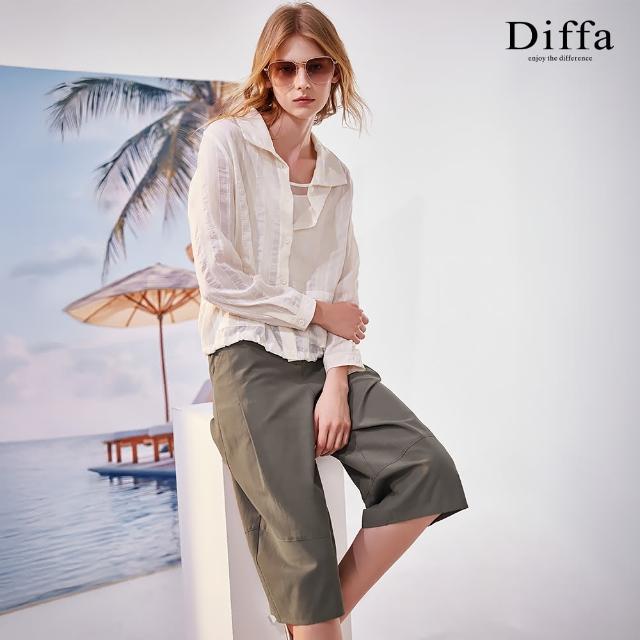 【Diffa】美型剪裁車褶後腰鬆緊七分長褲-女