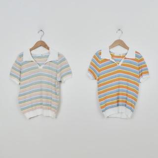 【Dailo】彩虹條紋半開襟短袖針織上衣(粉 灰/魅力商品)