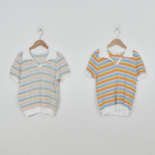【Dailo】彩虹條紋半開襟短袖針織上衣(粉 灰/魅力商品)
