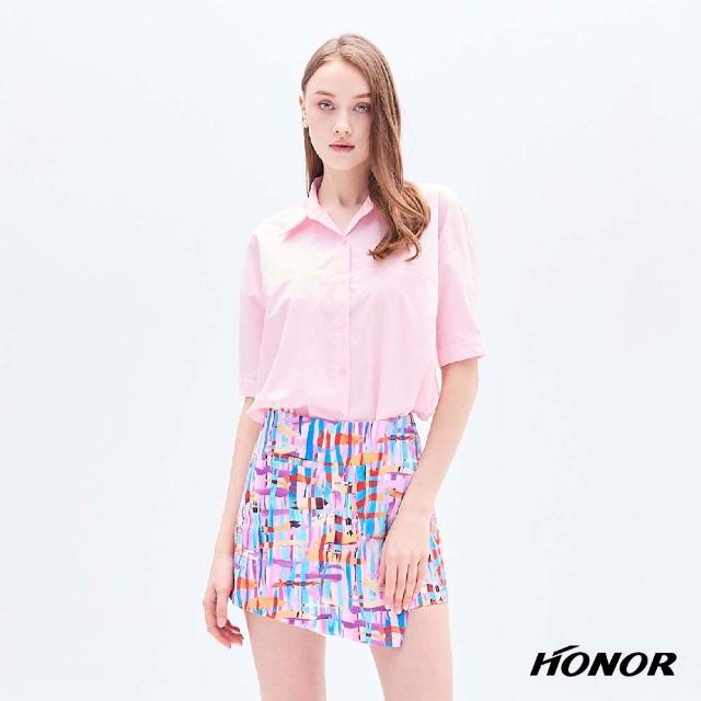【HONOR 山形屋】立領後摺設計感落肩五分袖襯衫-粉/綠