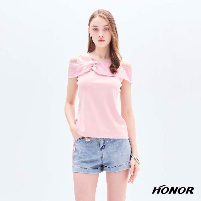 【HONOR 山形屋】鏤空抽繩花朵釦飾露肩短袖上衣-粉