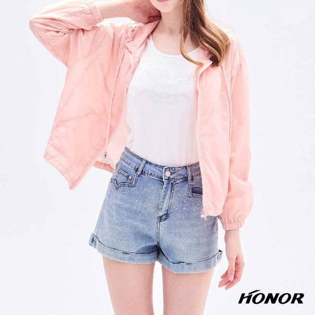 【HONOR 山形屋】微亮鑽點綴翻摺牛仔短褲-藍