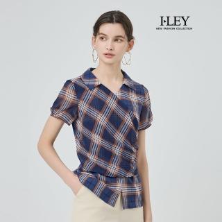 【ILEY 伊蕾】垂墜造型格紋印花上衣(深藍；M-2L；1252071423)