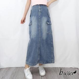 【buyer 白鵝】後鬆緊 工裝 牛仔裙 長裙(藍)
