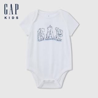 【GAP】嬰兒裝 Logo純棉小熊印花圓領短袖包屁衣-藍色(767395)