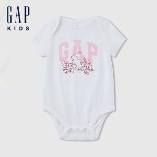 【GAP】嬰兒裝 Logo純棉小熊印花圓領短袖包屁衣-粉色(767395)