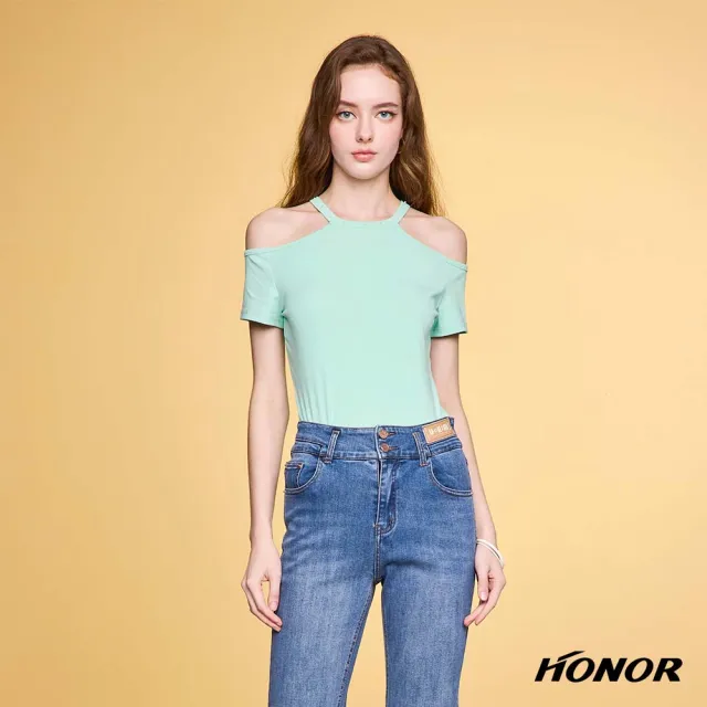 【HONOR 山形屋】出清品 修身鏤空挖肩釘珠短袖上衣-黑/綠(限定出清)
