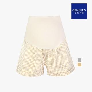 【Gennies 奇妮】千鳥格紋短褲-卡其/灰細格(孕婦褲 一體成型 無痕褲頭)