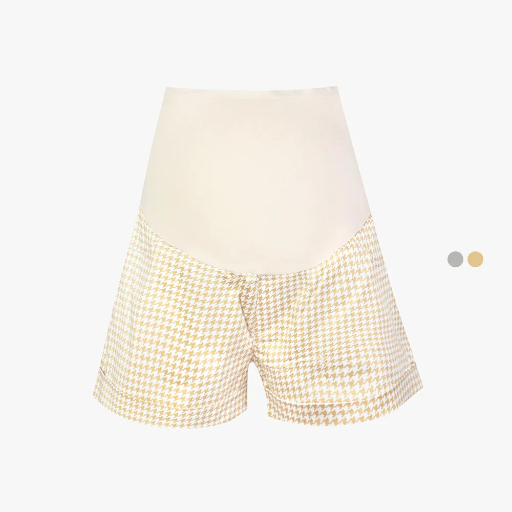 【Gennies 奇妮】千鳥格紋短褲-卡其/灰細格(孕婦褲 一體成型 無痕褲頭)