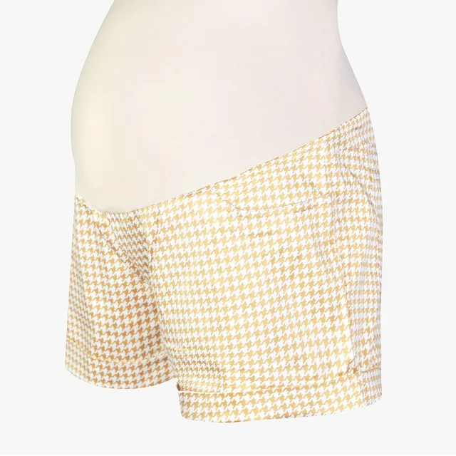 【Gennies 奇妮】千鳥格紋短褲-卡其/灰細格(孕婦褲 一體成型 無痕褲頭)