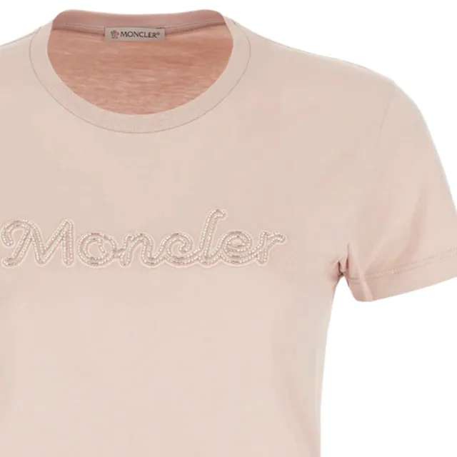 【MONCLER】女款 胸前珠飾英文名&左臂品牌LOGO 短袖T恤-淺粉色(XS號、S號、M號、L號)