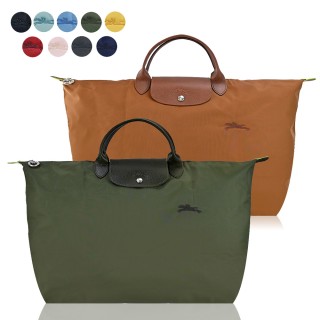 【LONGCHAMP】LE PLIAGE GREEN系列刺繡短把再生尼龍摺疊旅行袋(大/多色選)