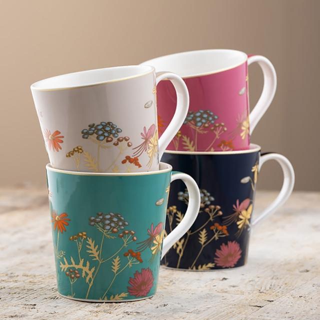 【Aynsley】金色花卉 陶瓷馬克杯4入組 300ml(入厝禮 結婚禮)