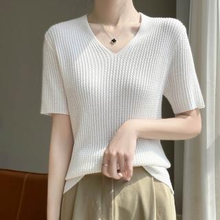 【時尚巴黎】現貨+預購 羊毛針織衫短袖毛衣(精紡保暖V領T恤女上衣5色74lc45)