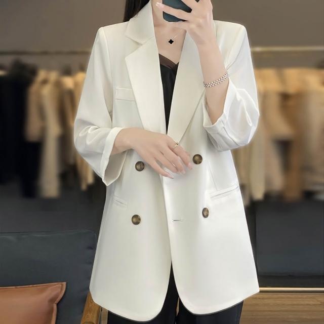 【時尚巴黎】現貨+預購 女外套高級西裝外套絲質外套(緞面七分袖雙排扣純色女外套4色74lc102)