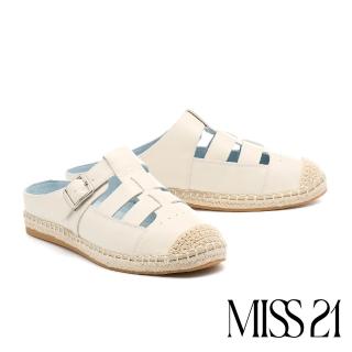【MISS 21】率性度假感魚骨編牛皮草編厚底穆勒拖鞋(米白)