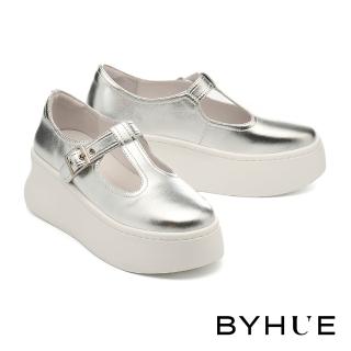 【BYHUE】率性時尚T字寬帶全真皮瑪莉珍軟芯厚底休閒鞋(銀)