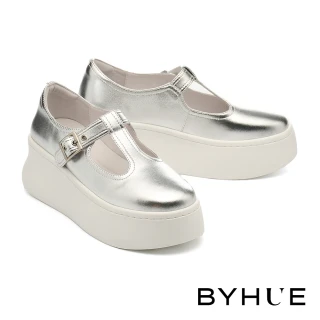 【BYHUE】率性時尚T字寬帶全真皮瑪莉珍軟芯厚底休閒鞋(銀)