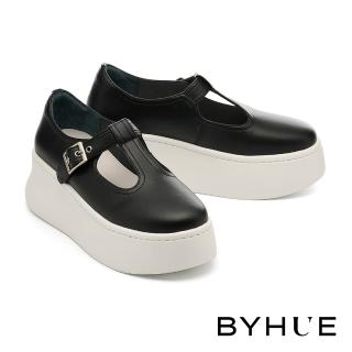 【BYHUE】率性時尚T字寬帶全真皮瑪莉珍軟芯厚底休閒鞋(黑)