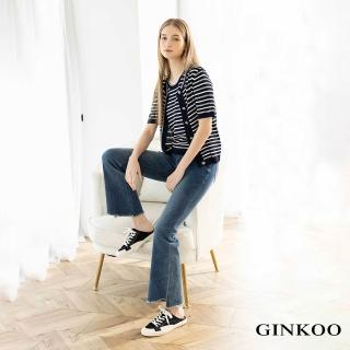 【GINKOO 俊克】星星釦飾條紋針織上衣