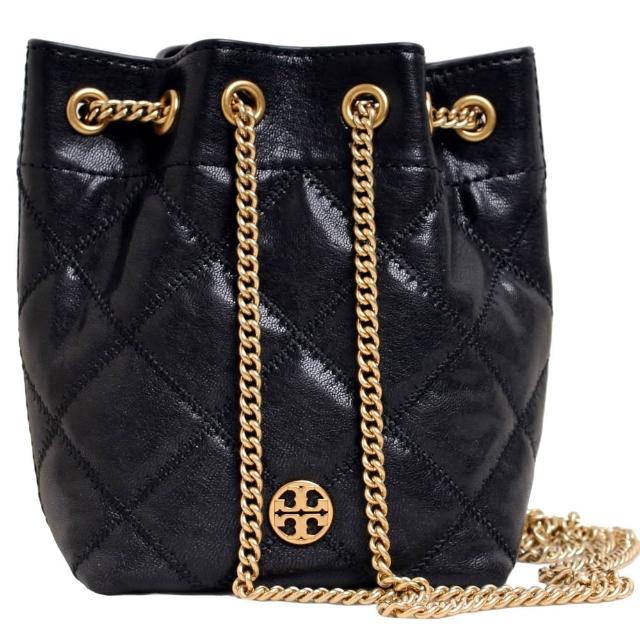 【TORY BURCH】專櫃款WILLA 小香風菱格紋抽繩斜背水桶包(黑)