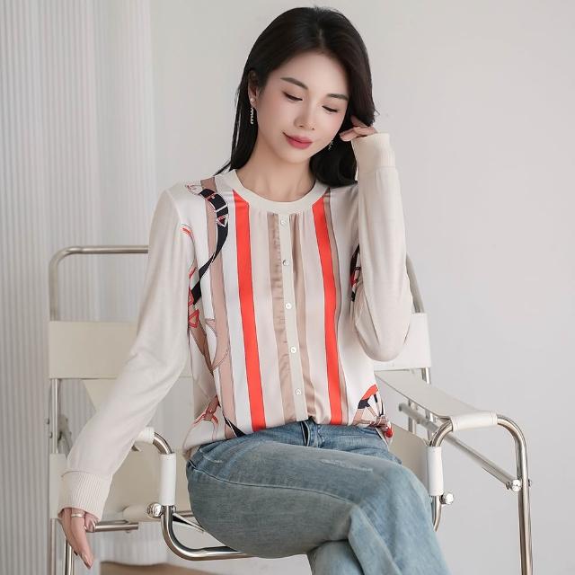 【MYDRESS】質感印花拼接針織上衣